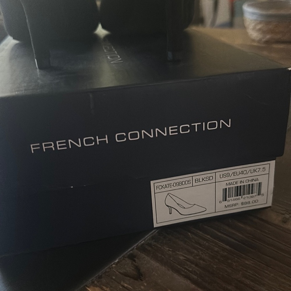 French connection velvet style high heel shoe 1 1/2 inch heel black.